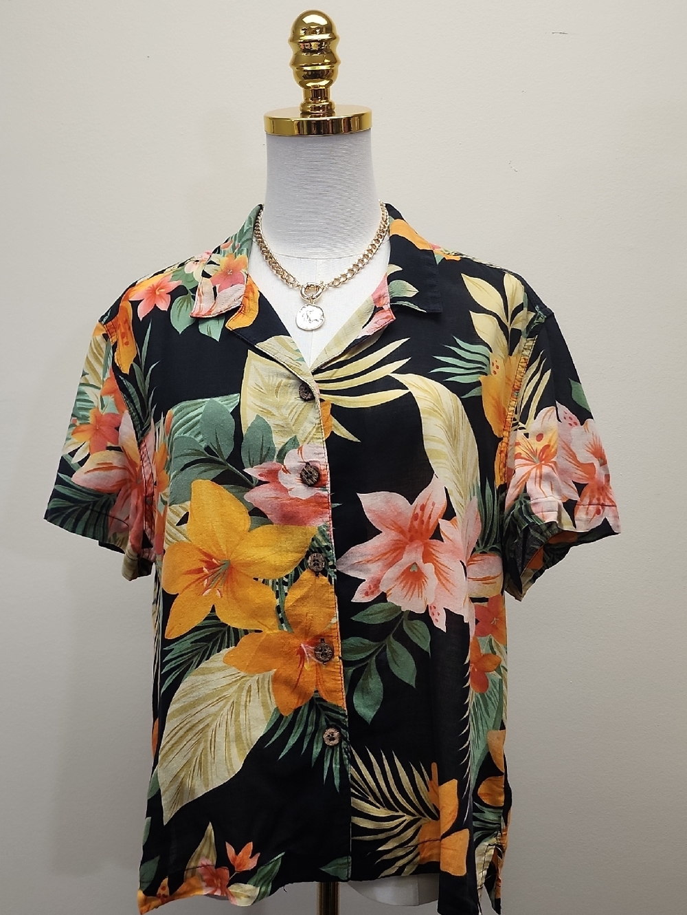 Jamaica Bay Tropical Floral Camp Shirt Black Hawaiian Button Up Size XL